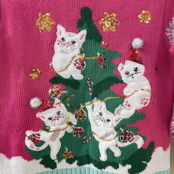 33 Degrees Cats in Christmas Tree Ugly Christmas Sweater Pink Girls Size XS 6/6X - Picture 4 of 14
